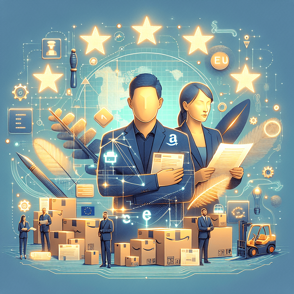 An Amazon seller hands compliance paperwork to a business expert with EU flag and packages in the background, representing EU Authorised Representative.