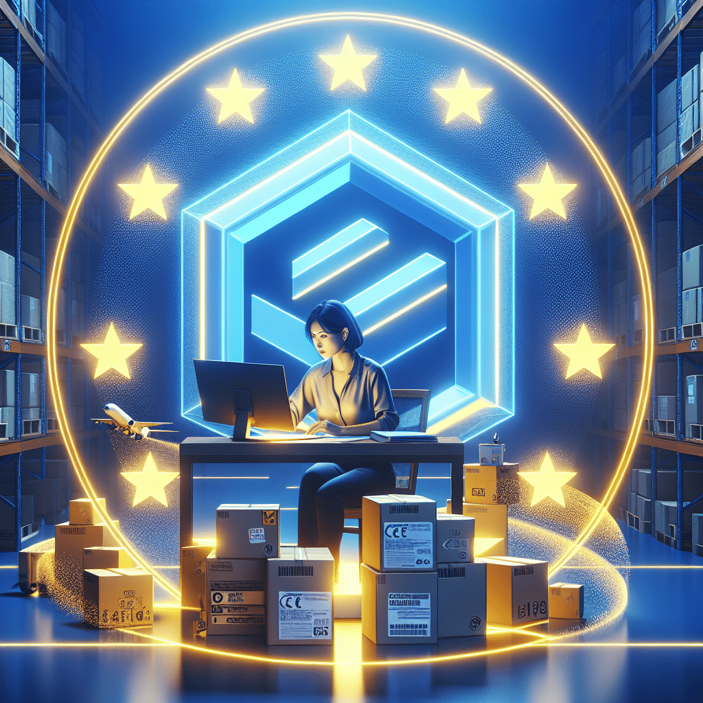 Non-EU seller reviewing CE Marking Compliance documents before shipping to EU, ensuring customs clearance and Amazon listing protection.