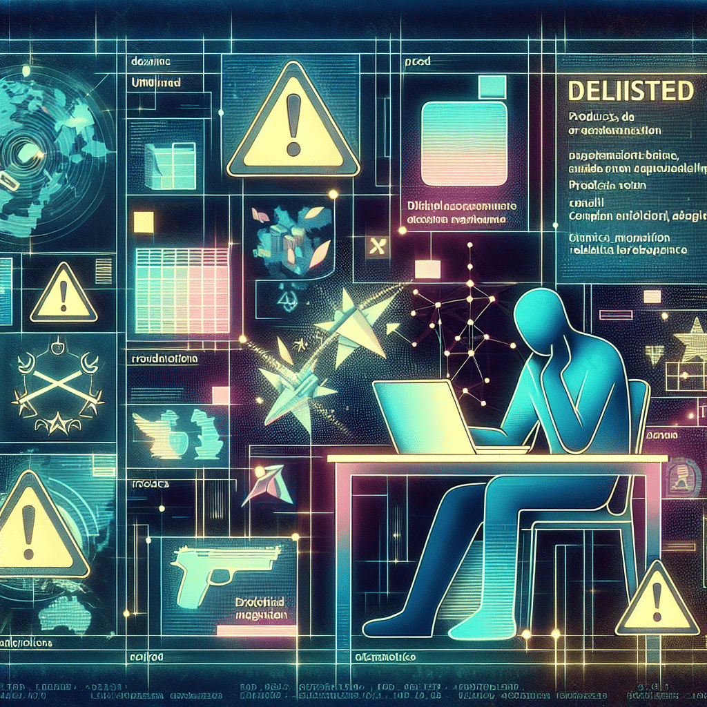 Shopify EU Compliance warning showing a seller under pressure with EU regulations, product delisting risk, and compliance icons.