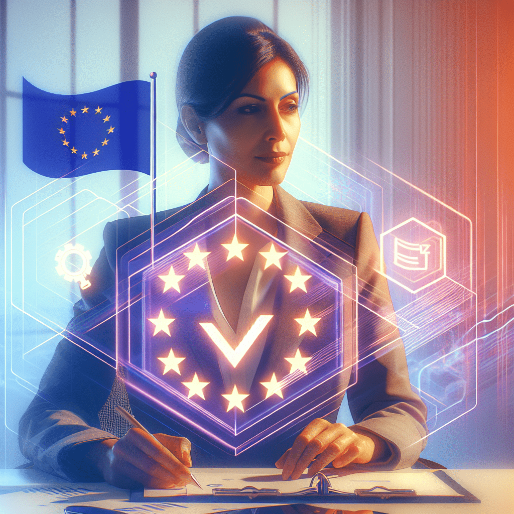 Business professional ensuring EU Compliance in modern office with Amazon integration and regulatory documents for 2024.