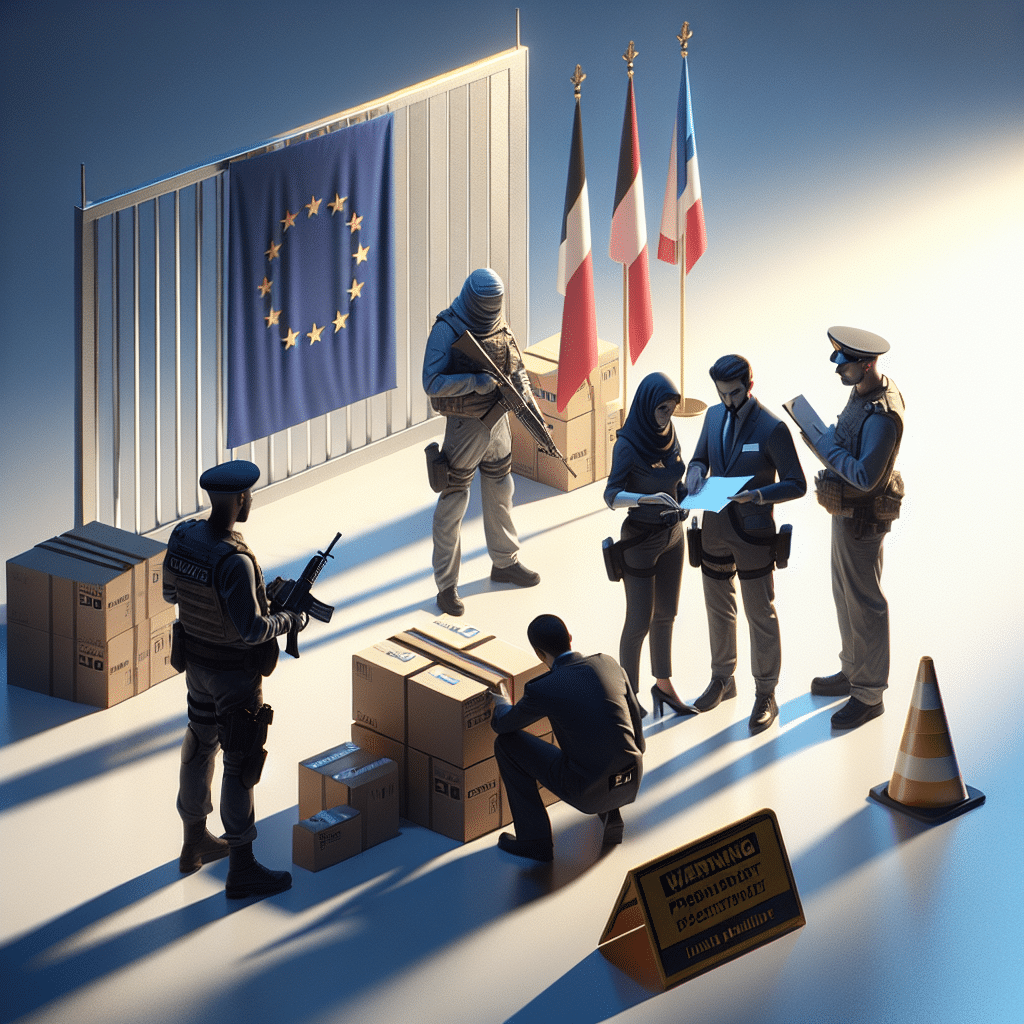 Illustration of EU Compliance Requirements showing customs officers checking documents for EU Responsible Person at a border checkpoint.