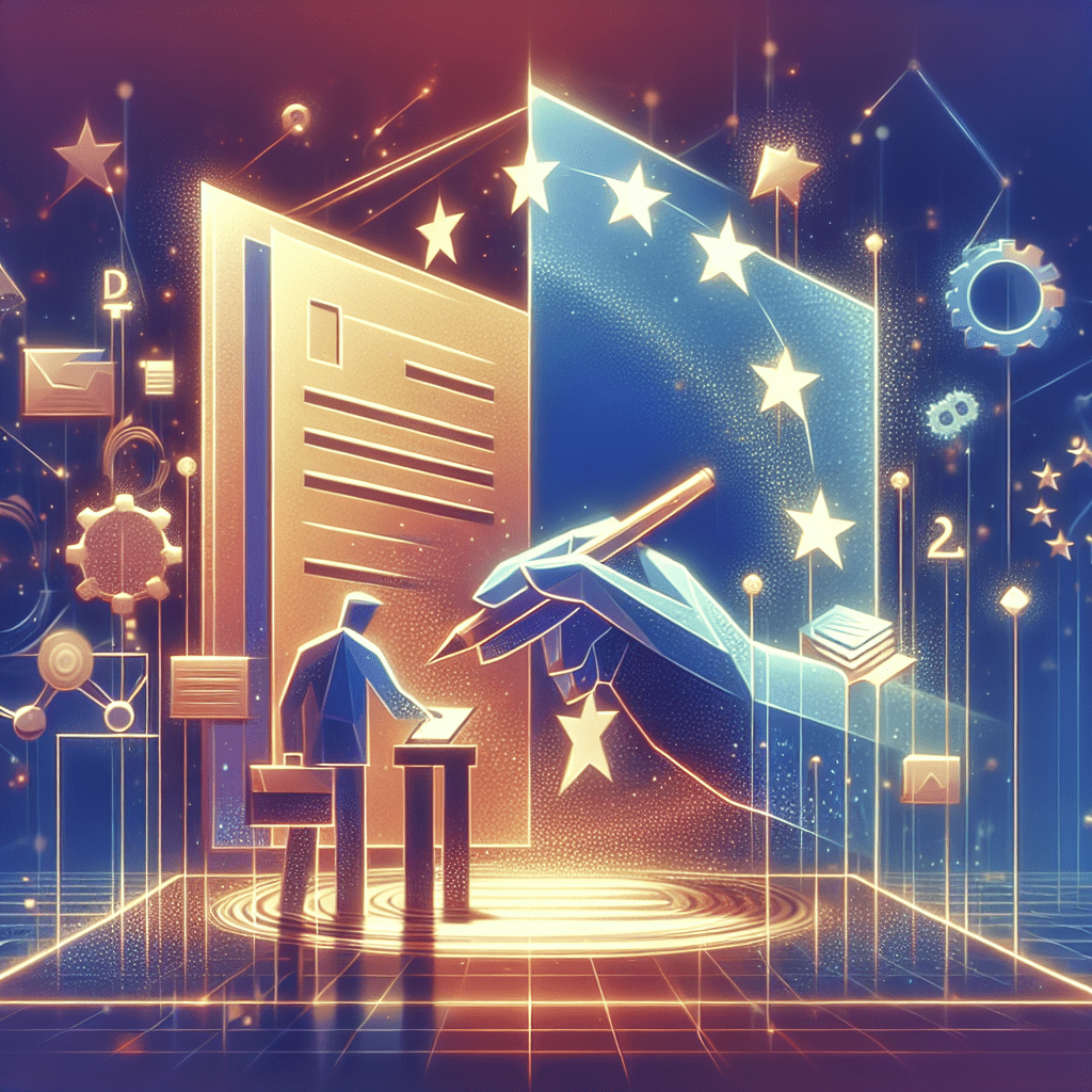 Illustration showing EU Responsible Person Appointment process without a lawyer, seller reviewing documents beside EU-themed icons.