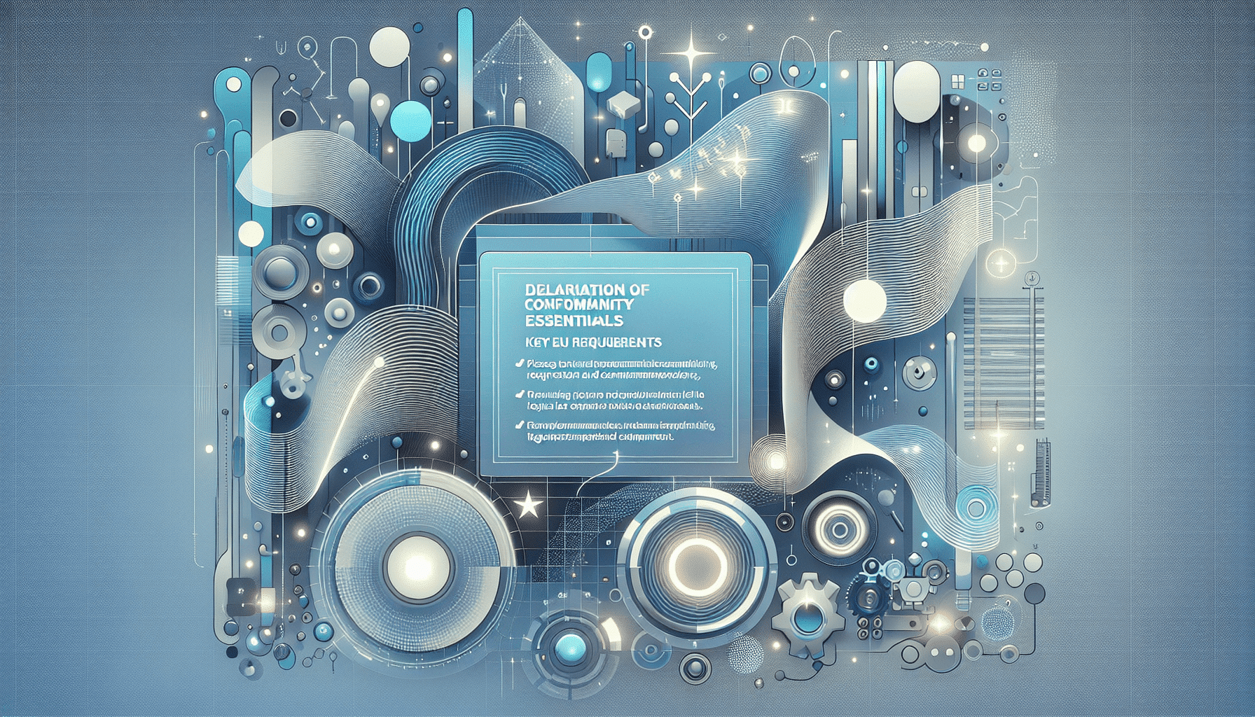 Illustration of Declaration of Conformity process with CE documents, non-EU branding, and product packaging in modern workspace.