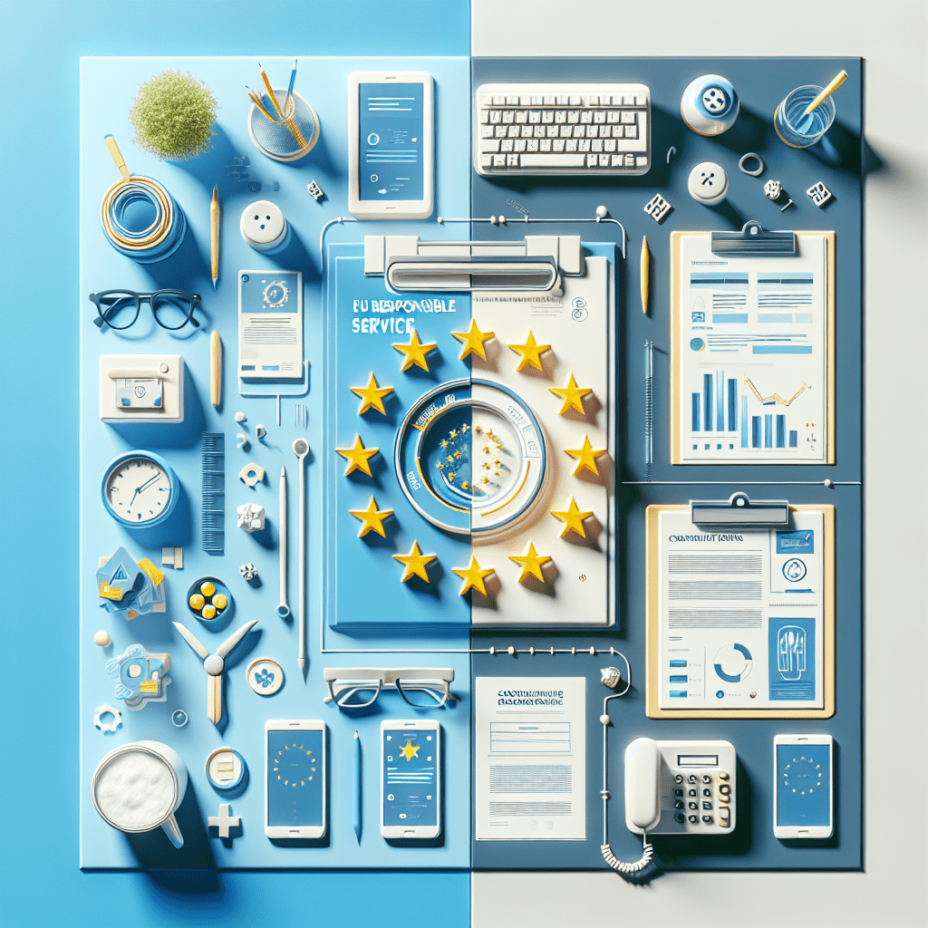 Split-screen image showing EU Responsible Person dashboard and a traditional compliance consultant desk, highlighting product safety and Amazon compliance.