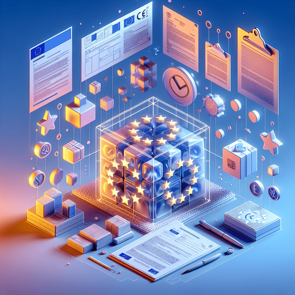 Modern flat lay showing CE Marking Compliance process for non-EU DTC brands, with documentation, laptop and digital CE form highlighted.