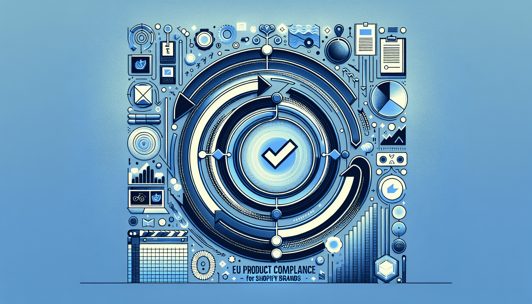 Illustration showing a Shopify storefront overlaid with European Union compliance symbols and safety checkmarks.