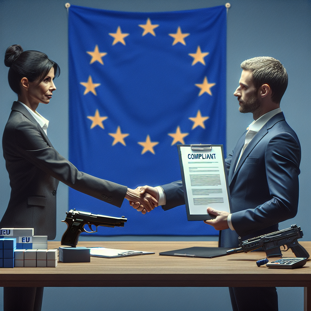 Business professionals handshake over EU Compliance Partner contract with ecommerce logos, symbolizing European marketplace success