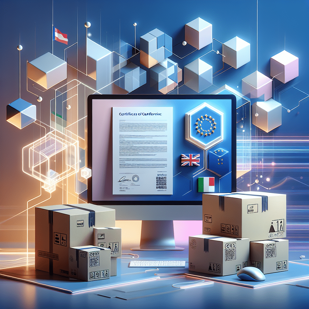 A professional flat-lay image of CE Marking Compliance materials, Amazon FBA boxes, and EU regulatory documentation.