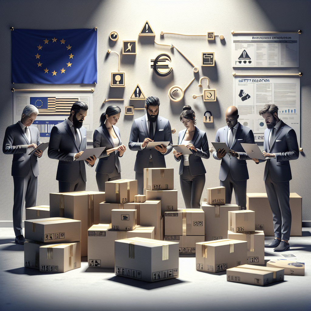A group of international online sellers reviewing packaging and labeling to comply with EU Product Safety Rules 2025 in a modern e-commerce setting.