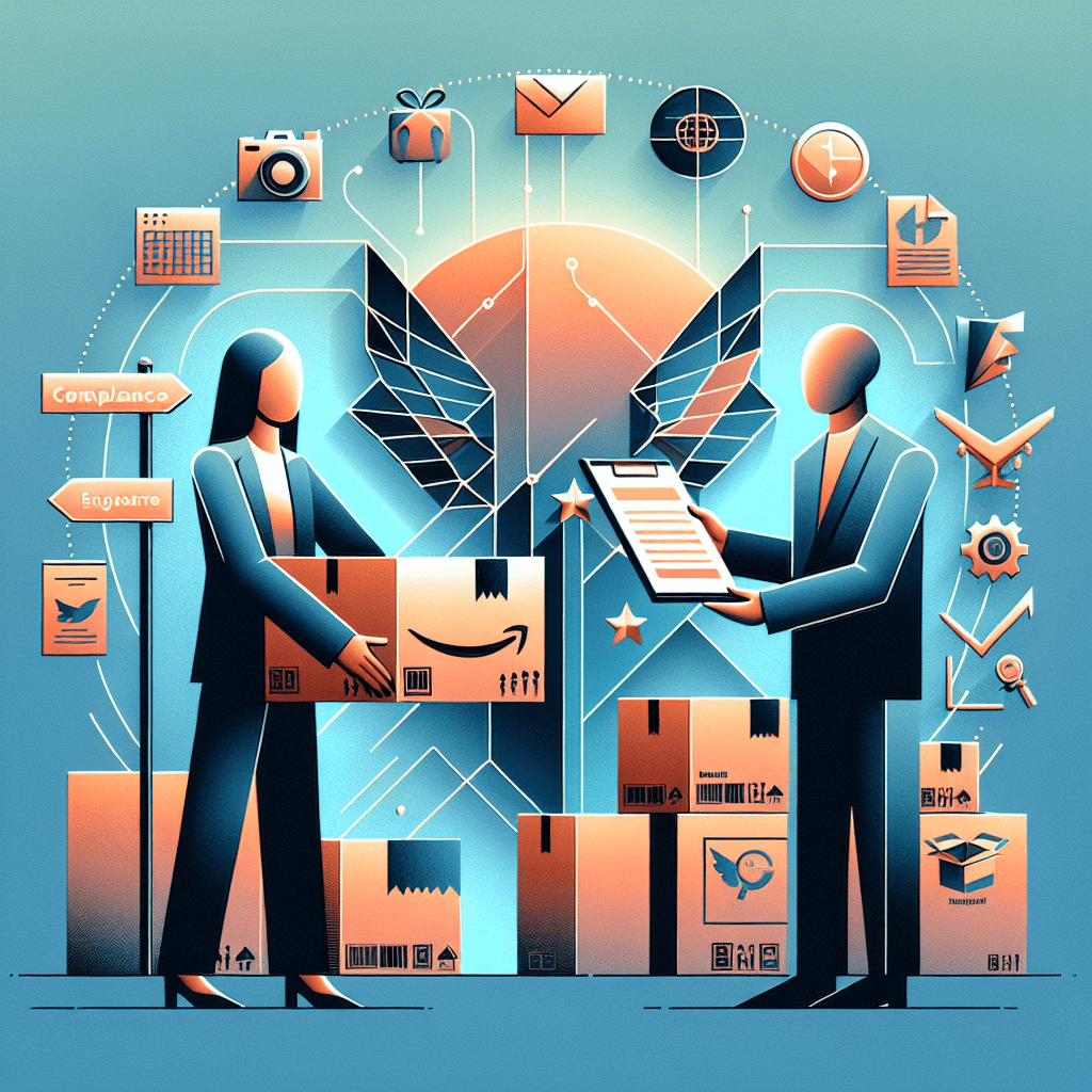 Illustration of an EU Responsible Person for Amazon FBA seller assisting with compliant labeling, customs documents, and regulatory guidance in front of EU flag.