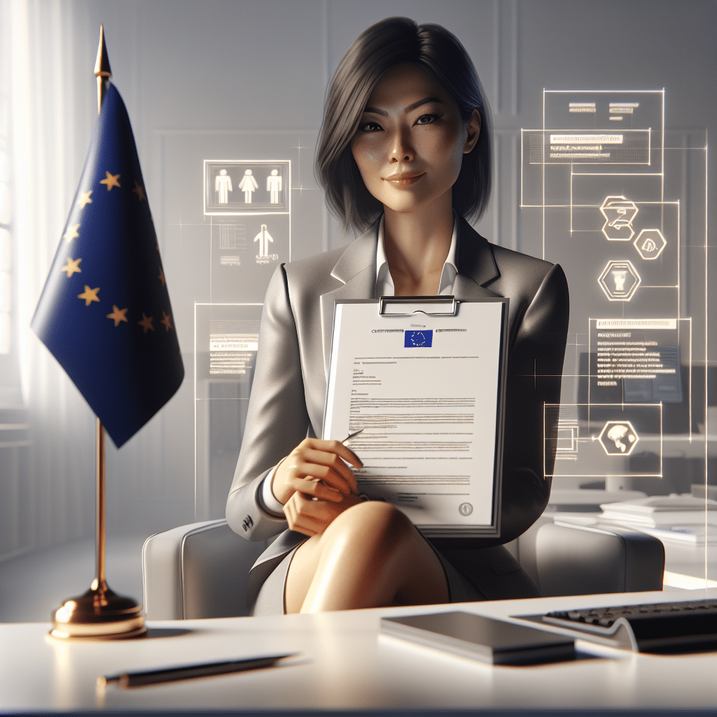 A business professional holds EU compliance documents with icons representing streamlined processes; EU Authorised Representative concept.