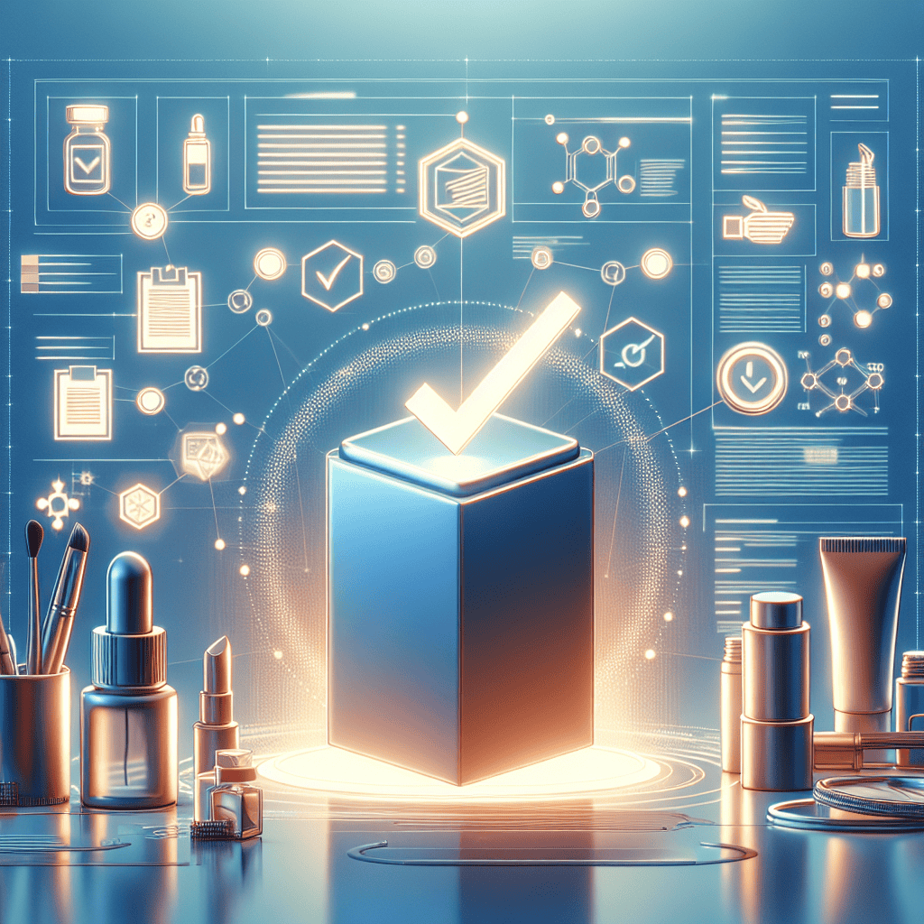 Photorealistic image showing EU Responsible Person Compliance process with cosmetics, paperwork, and advisor in modern office.