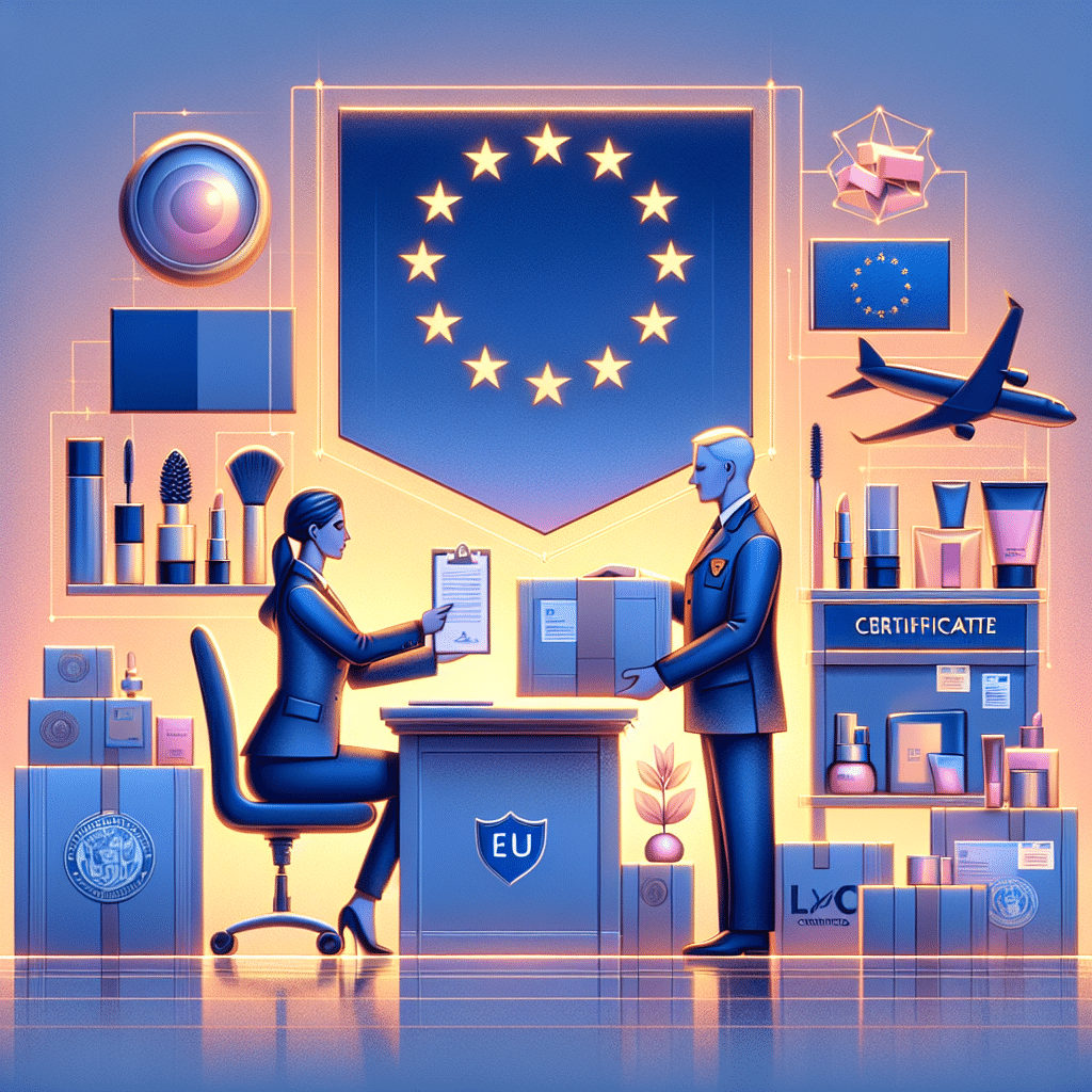 EU Responsible Person verifying cosmetics compliance documentation at customs with skincare and beauty products visible.