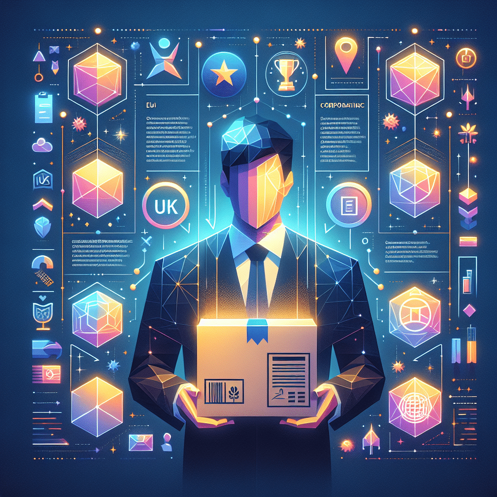EU Responsible Person Compliance visual showing UK goods connecting with EU through legal documentation and labeled packaging for regulation adherence.