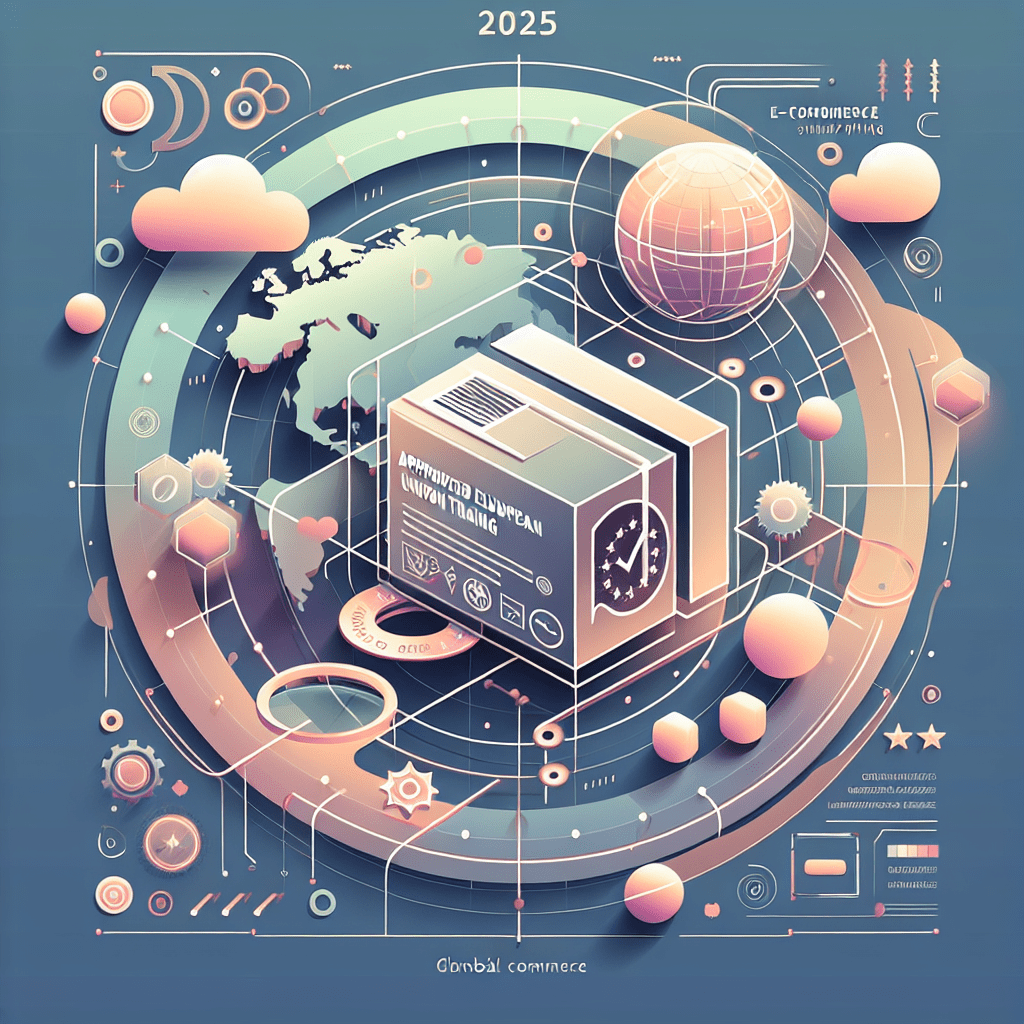 Illustration of packaging compliance under EU 2025 Product Safety Regulations showing DTC branding and European logistics.