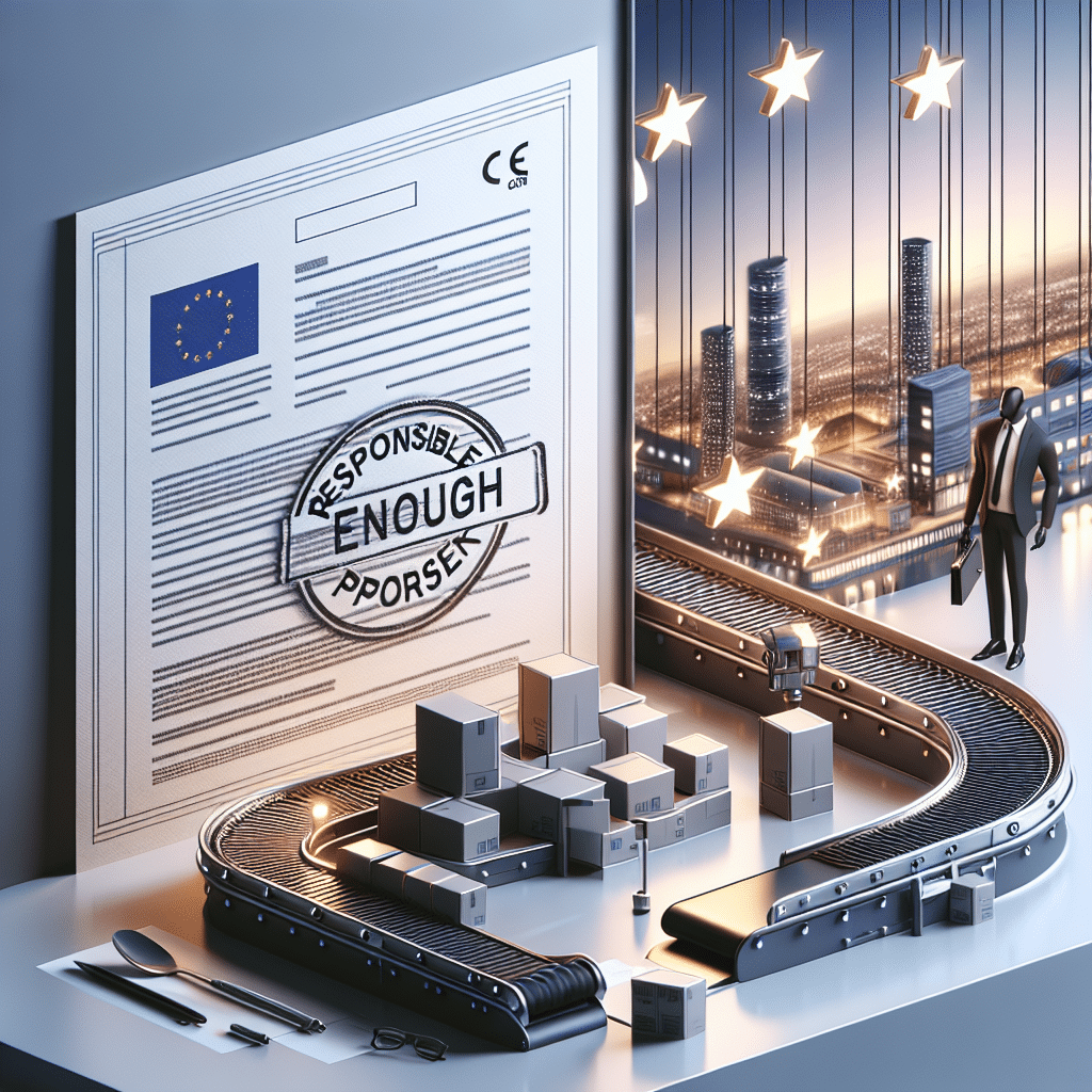 CE Marking Requirements explained with visual elements showing documentation, labeling, and role of the Responsible Person in 2024 compliance.