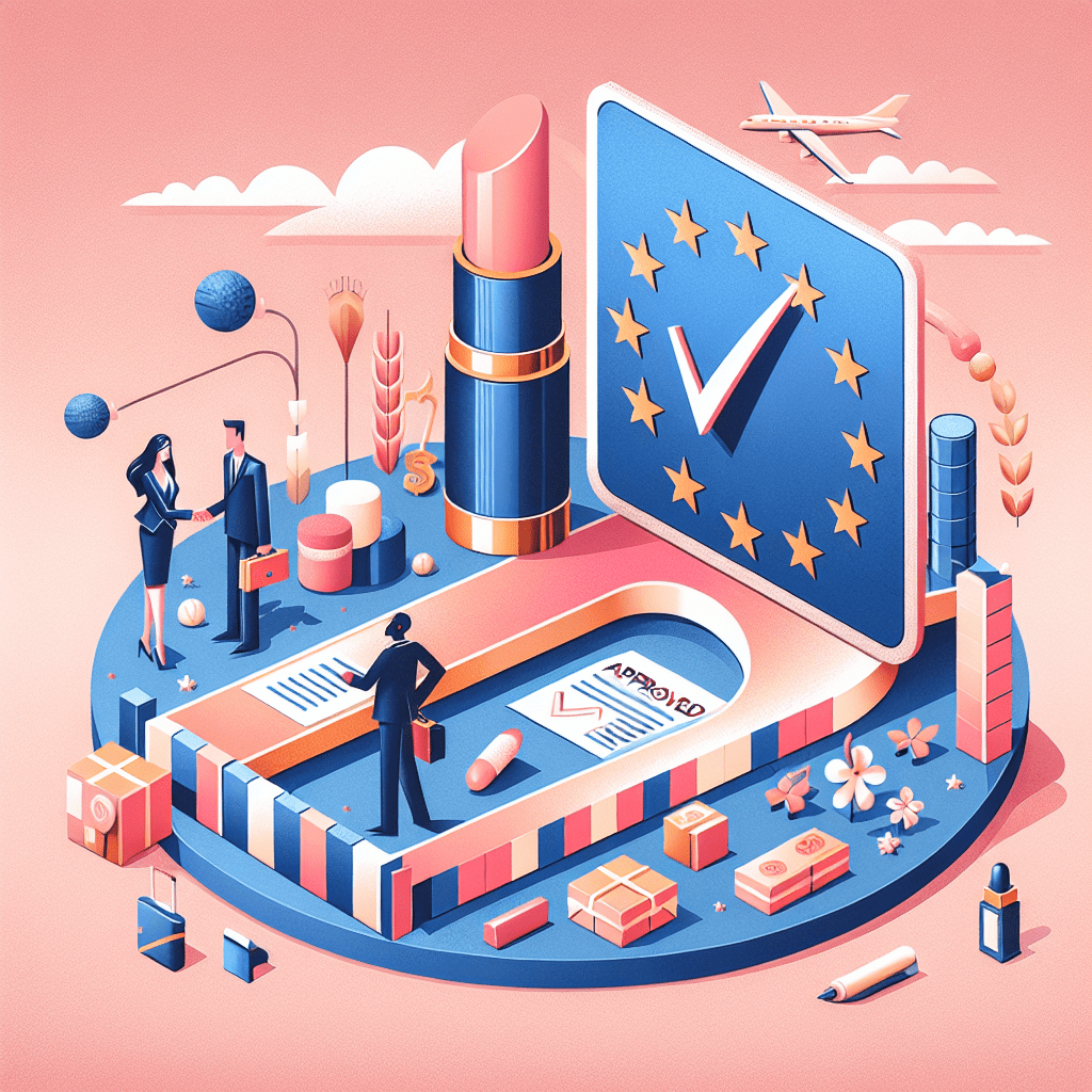 Illustration of US cosmetics product entering EU market with EU Cosmetics Compliance approval and business agreement visuals.