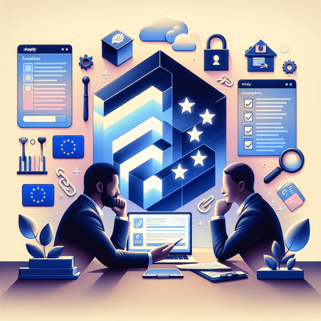 Shopify EU Compliance consultant advising a seller online, with EU symbols, product packages and compliance icon overlays.