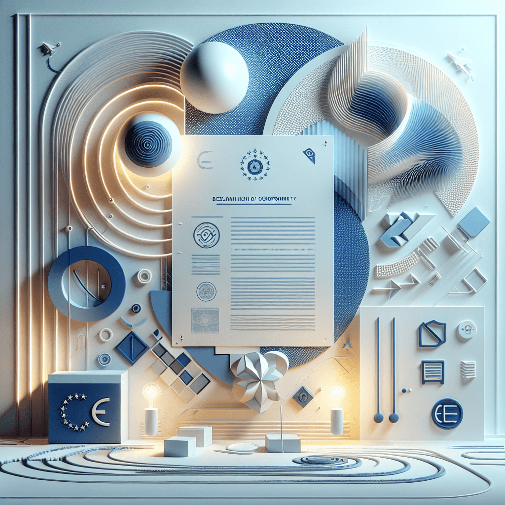 Declaration of Conformity Essentials shown alongside labeled product packaging, CE marking visibly included