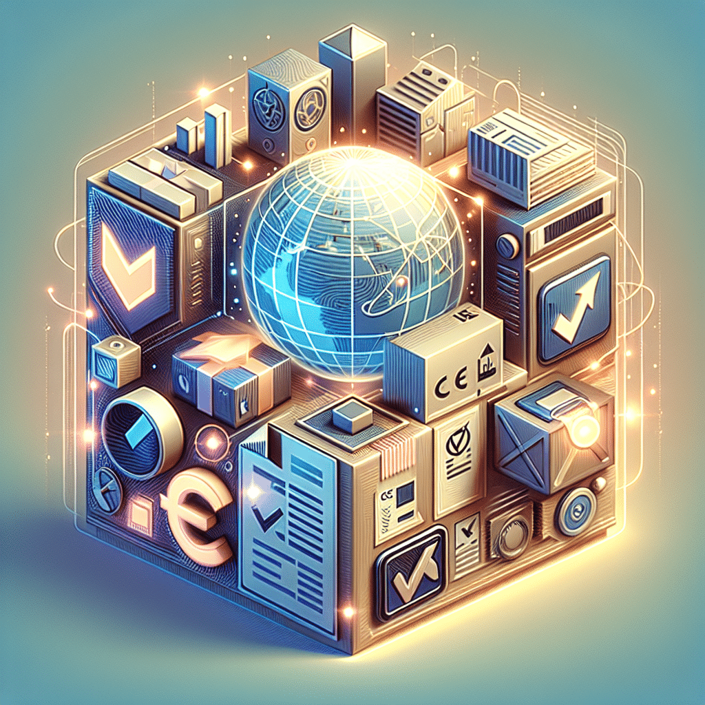 Illustration of declaration of conformity requirements with CE marking, compliance paperwork, and non-EU seller shipment to Europe.