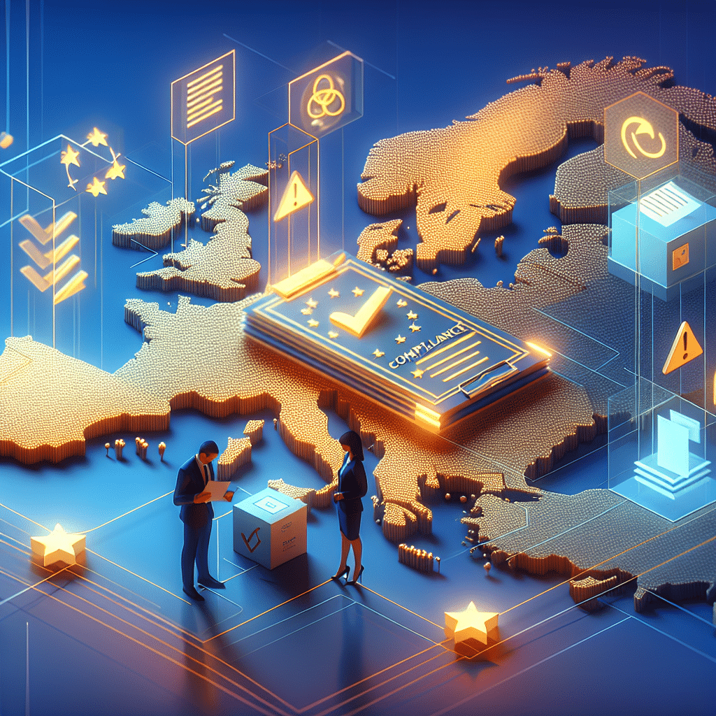 Illustration showing EU Responsible Person Requirements with business professionals ensuring product compliance in 2024.
