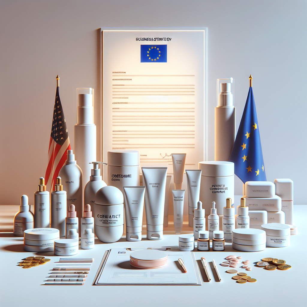 Flat-lay featuring cosmetic products and EU compliance documents under bright lighting, emphasizing EU Cosmetics Regulation compliance.