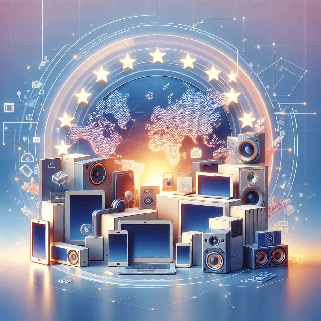CE & RoHS Compliance visual with consumer electronics and EU regulatory symbols highlighting international product conformity.