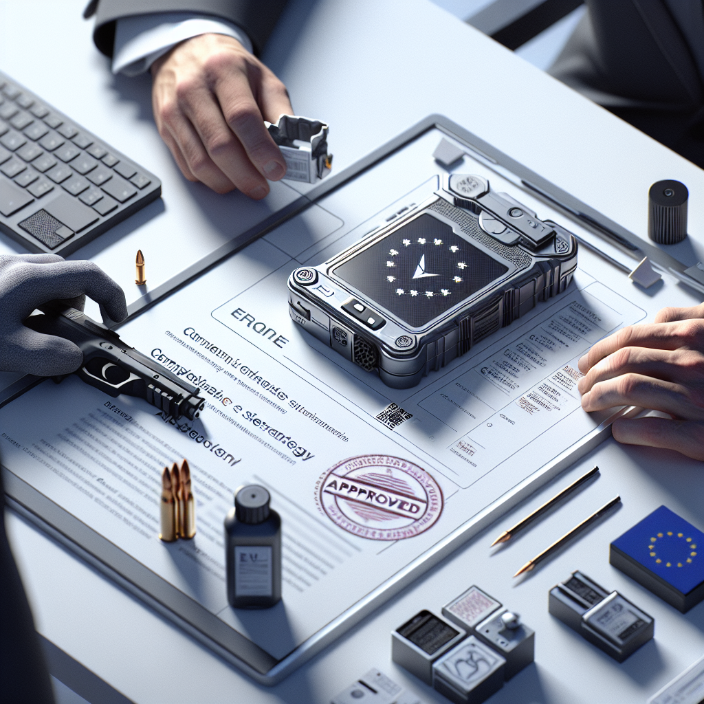 A compliance officer reviewing documents for EU Electronics Compliance in a modern European office with a smart device on the desk.