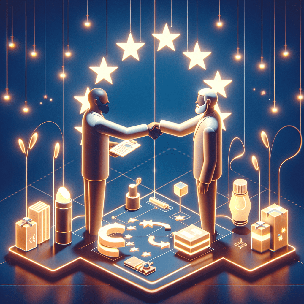 CE Marking & Compliance advisor meeting with non-EU manufacturer, showing CE-marked electronics, cosmetics, and medical devices on EU map table.