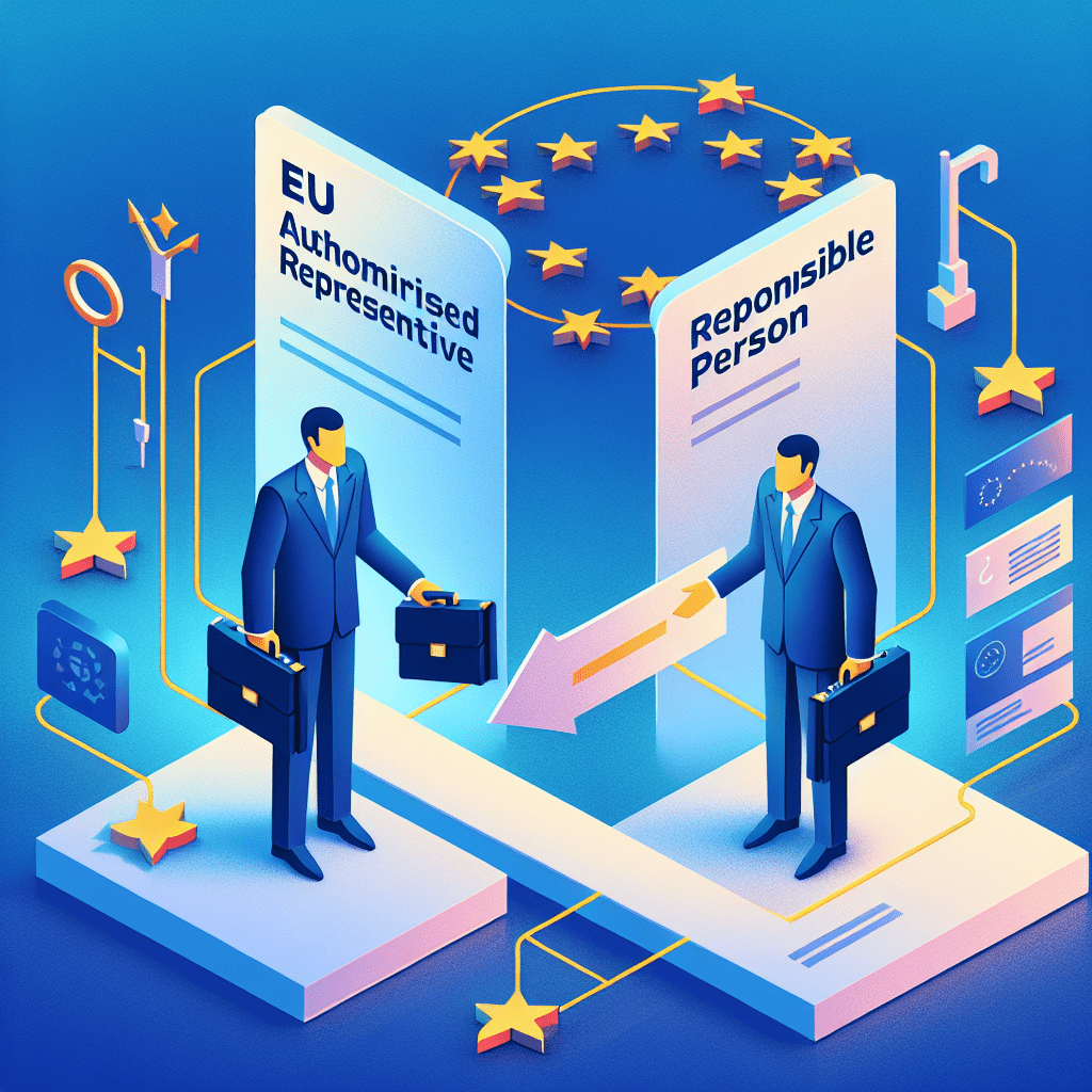 Infographic contrasting EU Authorised Representative with Responsible Person roles under EU compliance law, with legal and regulatory context