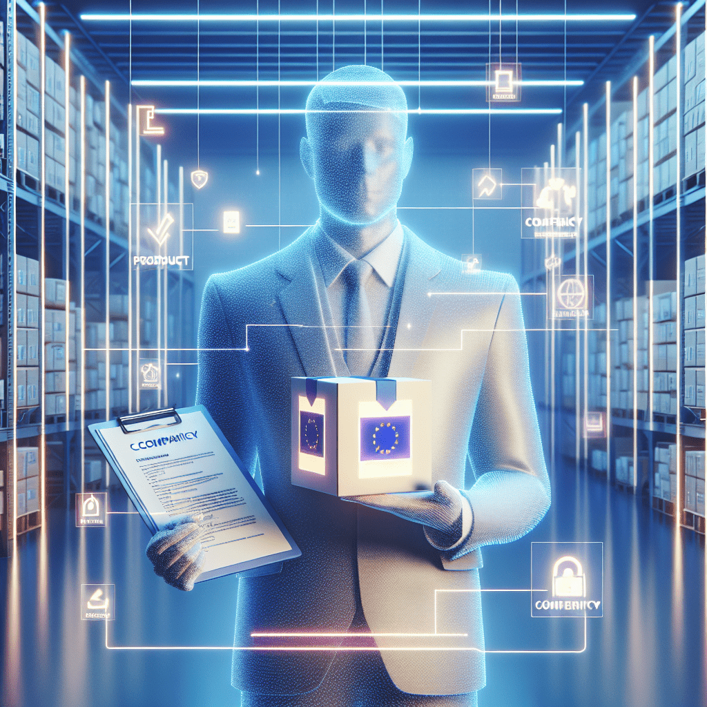 CE Marking for Amazon Sellers – An Amazon FBA seller holding a compliant product in a European warehouse with digital compliance icons