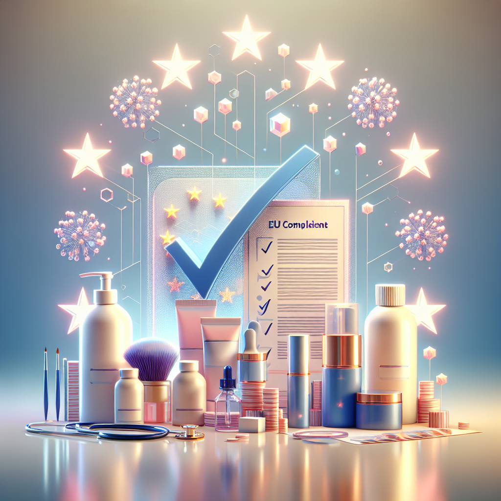 Photo showing EU Responsible Person compliance setup for cosmetics including certificates, packaging, and regulatory symbols.