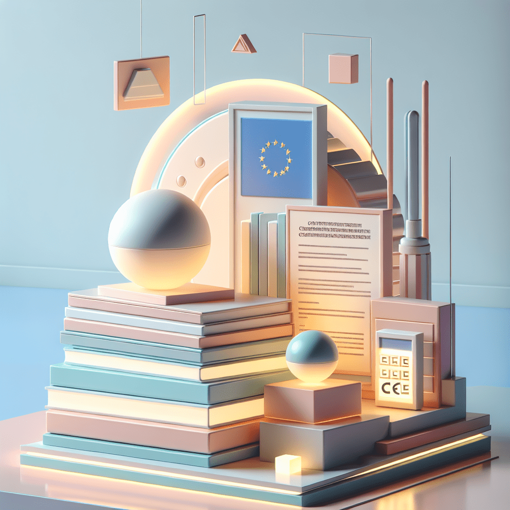 Declaration of Conformity Essentials visual featuring CE-marked product, product manuals, and EU compliance documents on office desk.