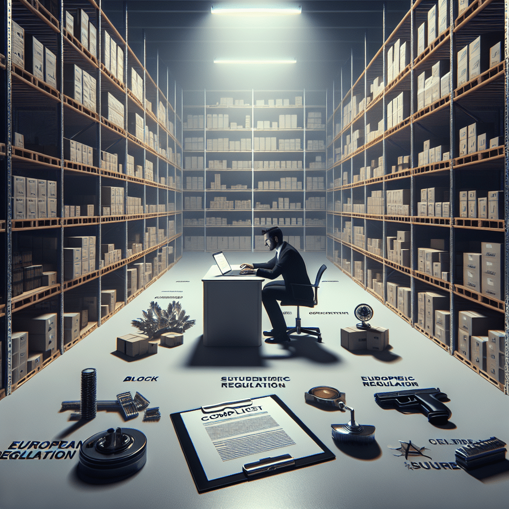 Amazon EU Compliance image showing a blocked Amazon listing dashboard, a seller in distress and an EU compliance advisor helping with documentation.