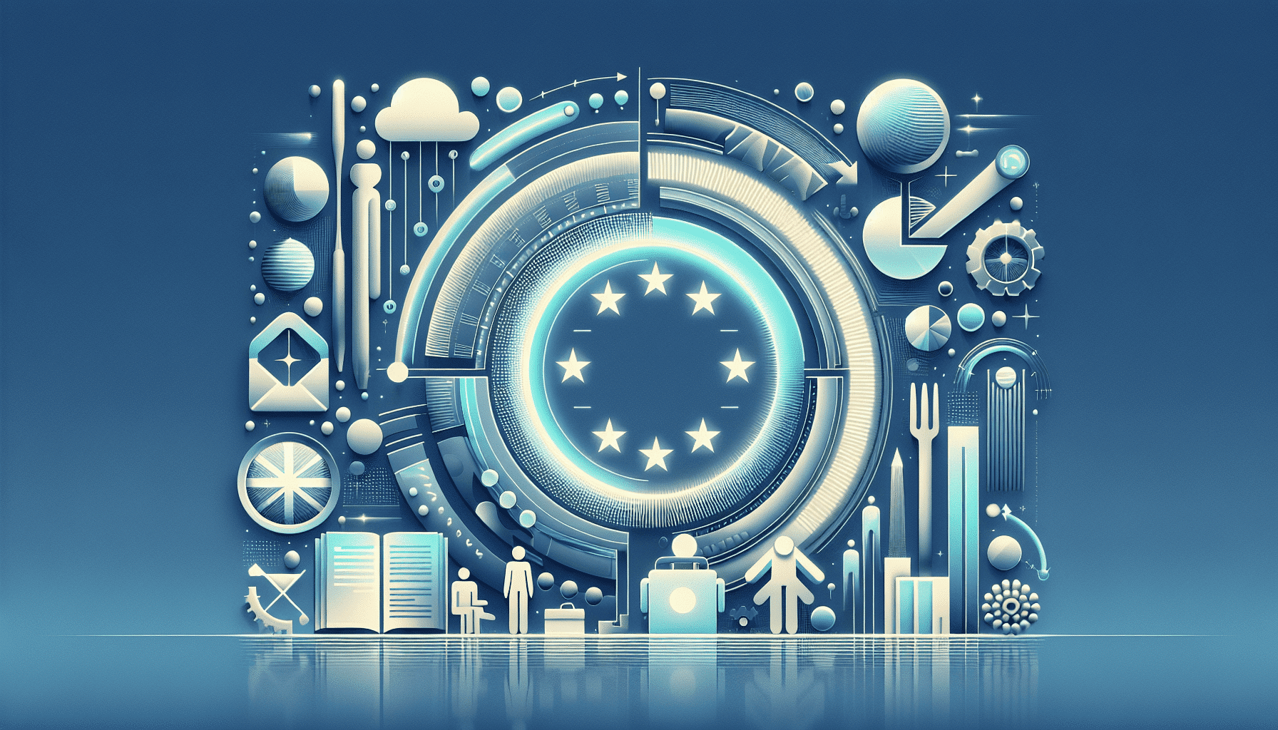 Illustration of a UK business exporting to the EU, showing compliance through labeling, EU icons, and product documentation.