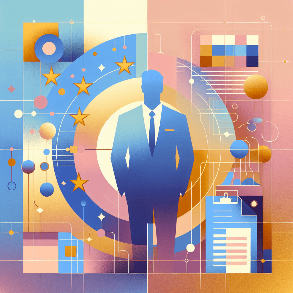 EU Compliance illustration showing a confident DTC founder standing near Europe map with legal checkmarks and product labels radiating EU compliance.