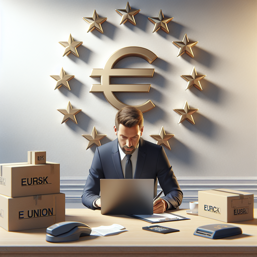 Digital illustration showing an Amazon seller signing legal documents with EU flag in background, representing EU Responsible Person Requirements