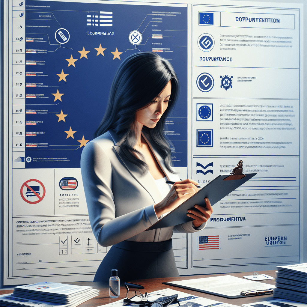 Illustration of EU Compliance Checklist for US DTC brands showing regulatory documents, product labeling, and EU symbols for conformity.