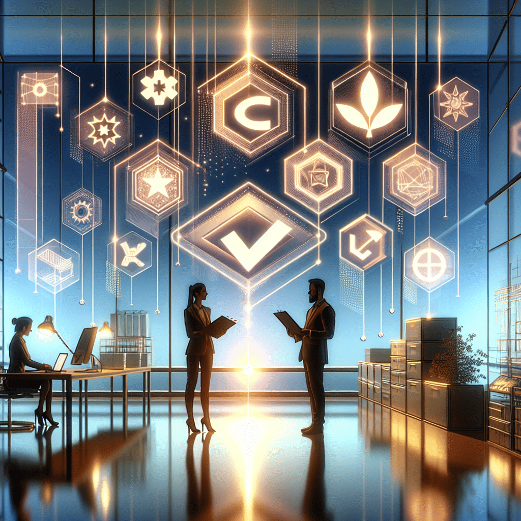 Two professionals reviewing CE-marked items with compliance documents and EU flags, symbolizing EU Product Compliance 2025 collaboration for brands.