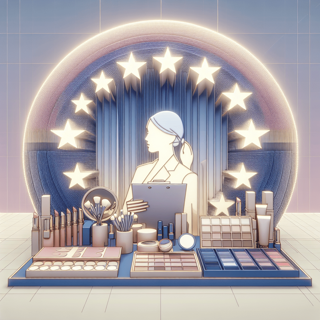 US cosmetic products with an EU flag in the background, symbolizing regulatory compliance under EU Cosmetics Regulation 1223/2009.