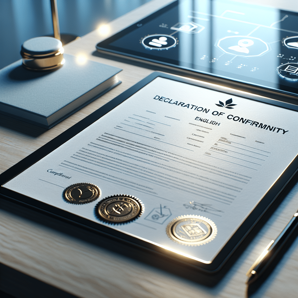 Official EU Declaration of Conformity document close-up showing CE marking and safety compliance certification on desk.