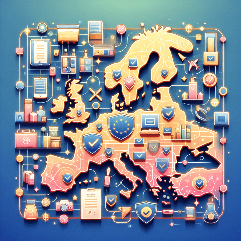 EU Compliance Checklist illustration showing multi-category DTC products with icons for safety certifications and responsible person documents.