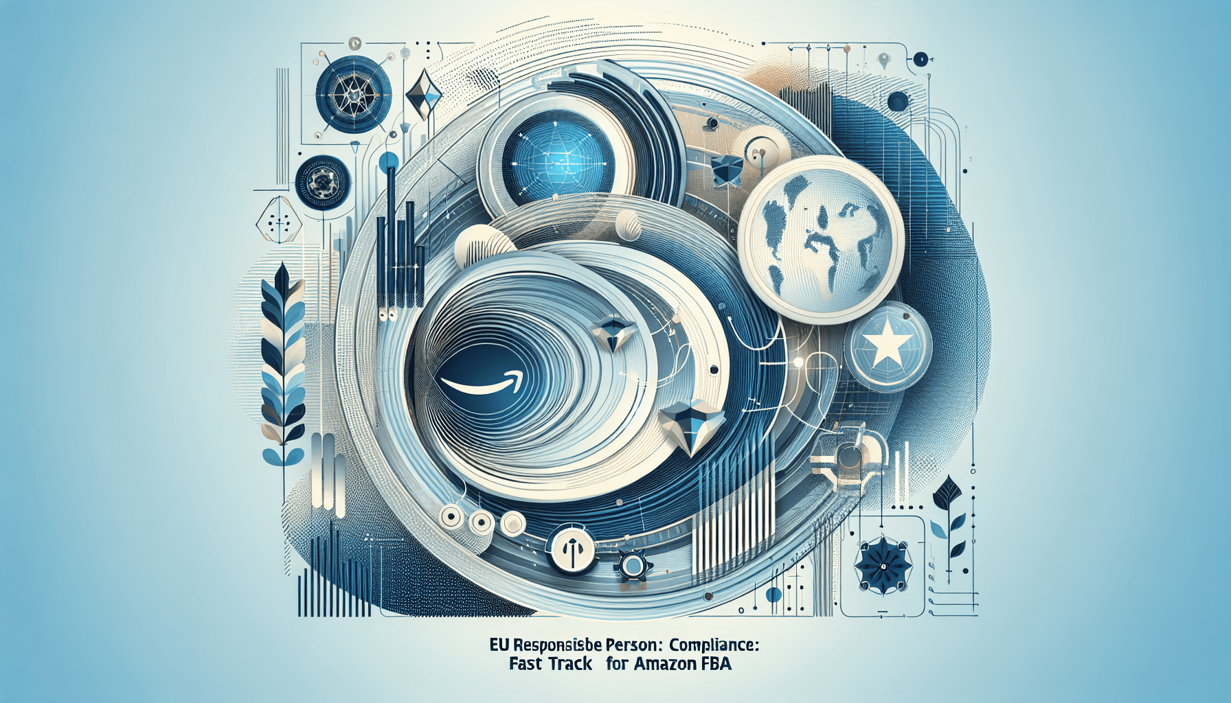 An Amazon FBA seller organizing EU compliance documents with EU Responsible Person icons, timelines, and product packaging visuals.