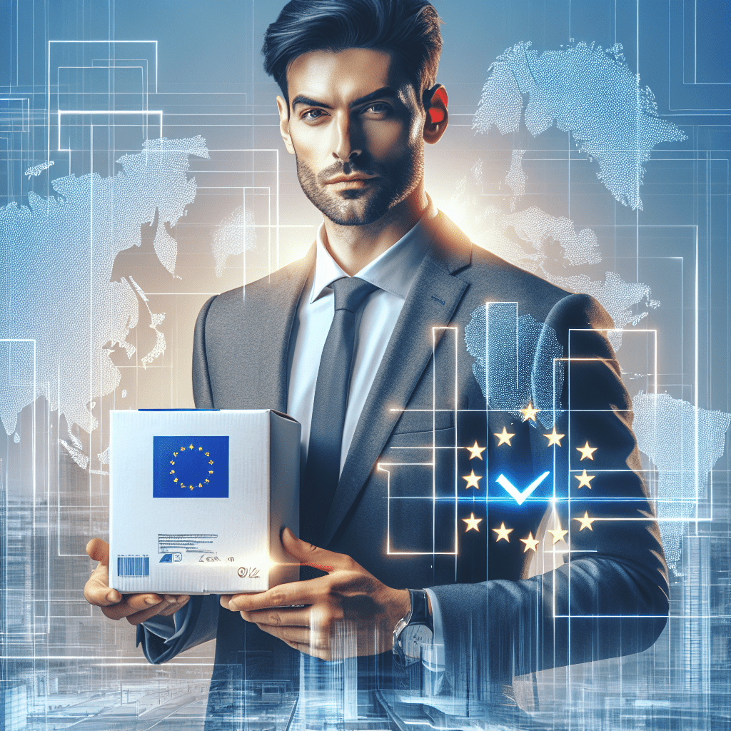 Professional holding certified product with EU map showing compliance. Demonstrates benefits of appointing an EU Responsible Person for market entry.