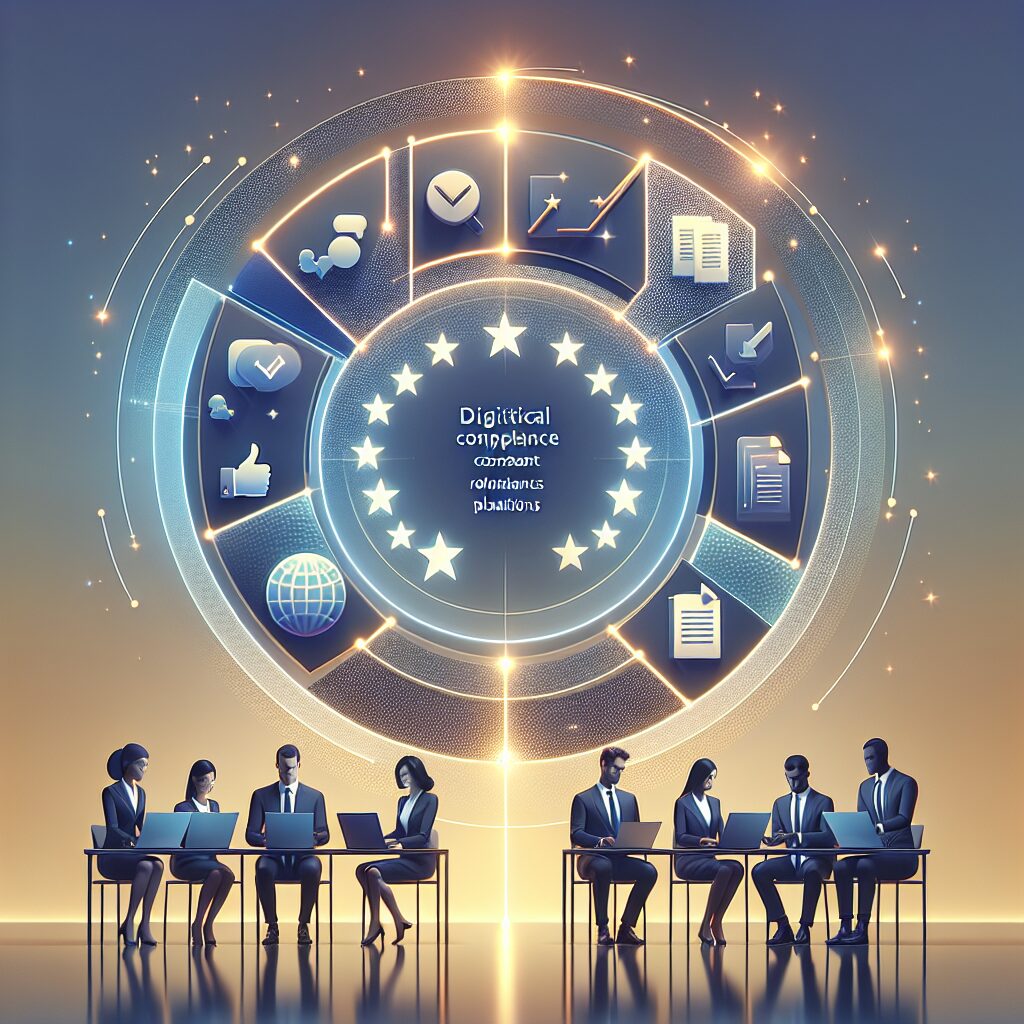 Visual infographic showing EU Responsible Person comparison across compliance platforms with professionals evaluating tools and documents.