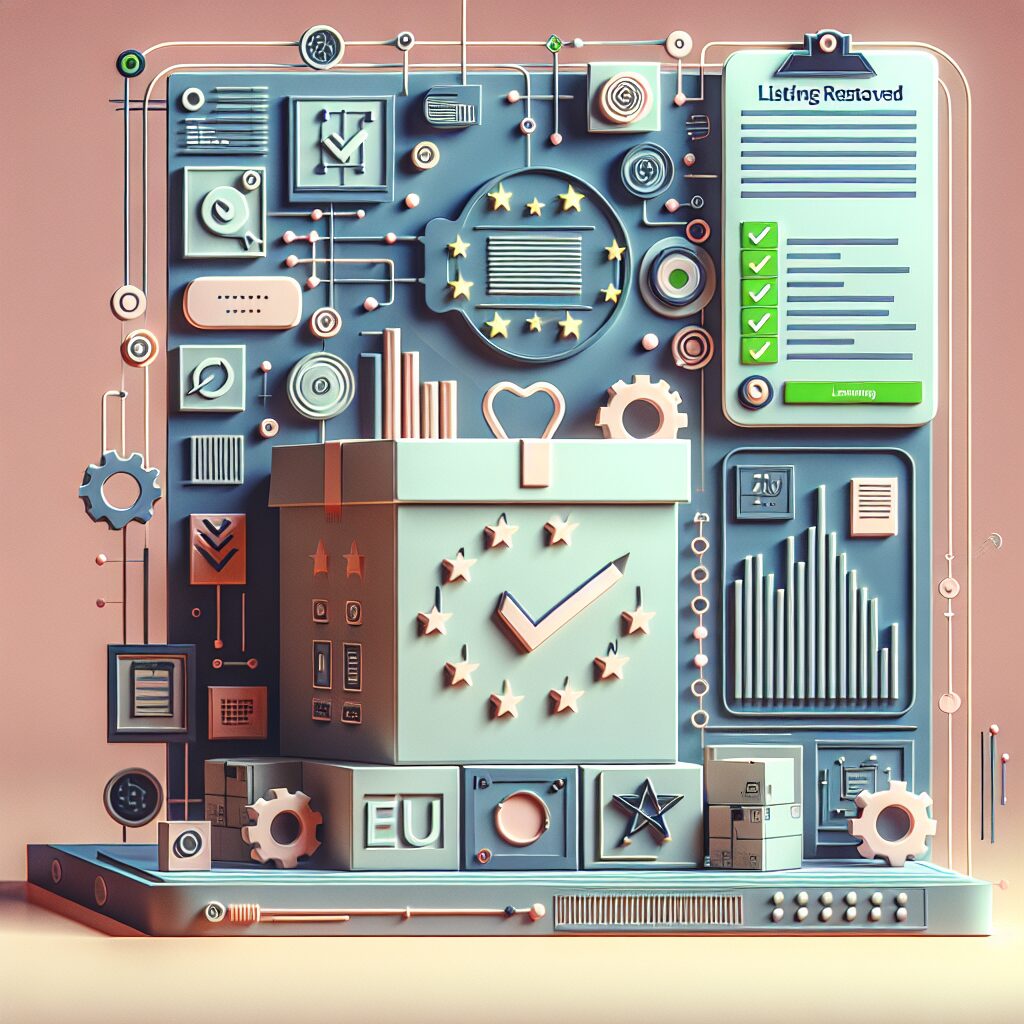 EU listings recovery visual showing a product box with 'Listing Restored' badge, an EU flag background, and compliance dashboard indicators.