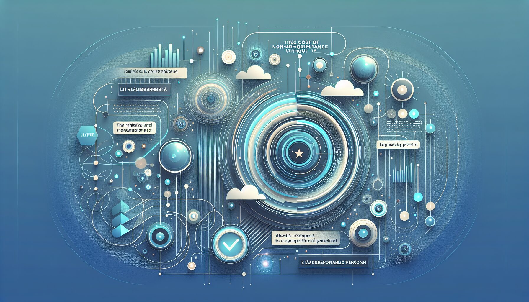 Illustration showing risks of lacking an EU Responsible Person, including documents, warnings, and compliance charts.