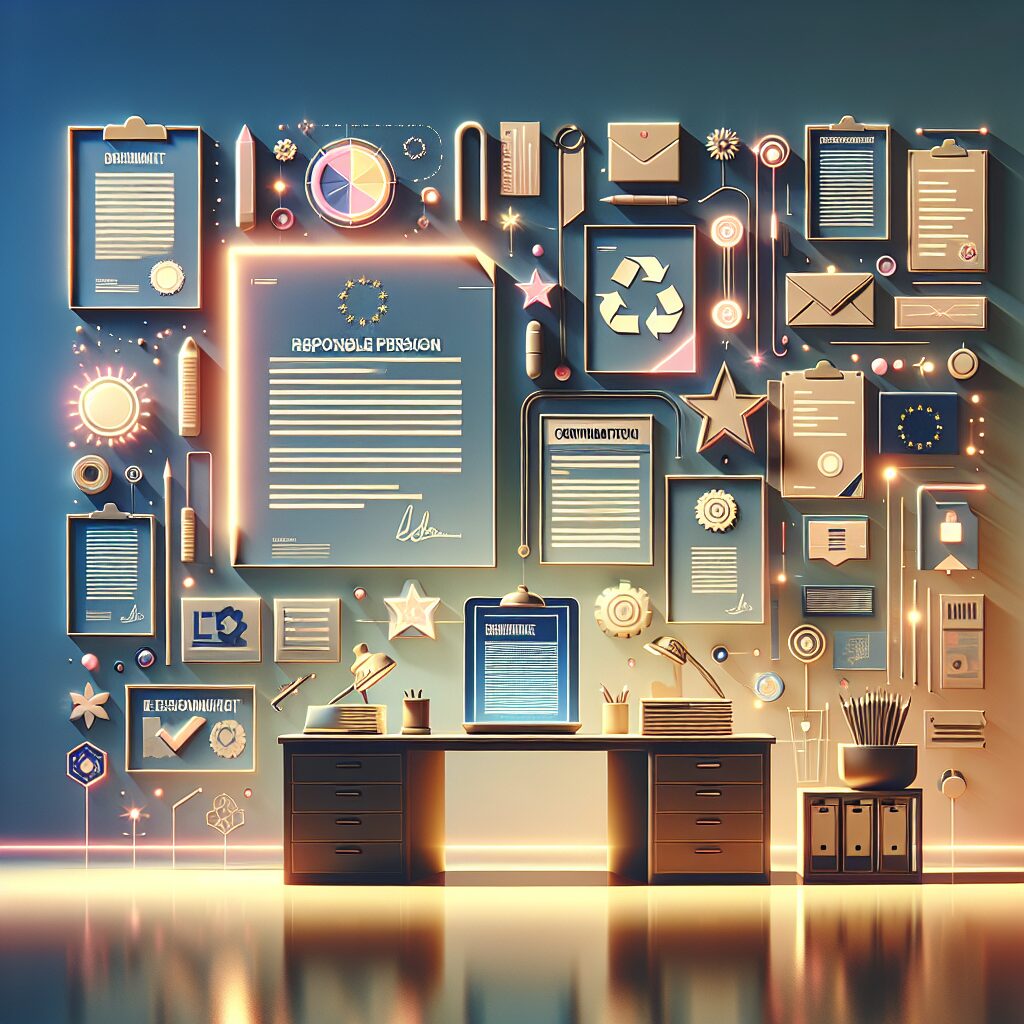 Professional EU responsible person office scene with compliance certificates, consultation documents, and EU market entry materials displayed.