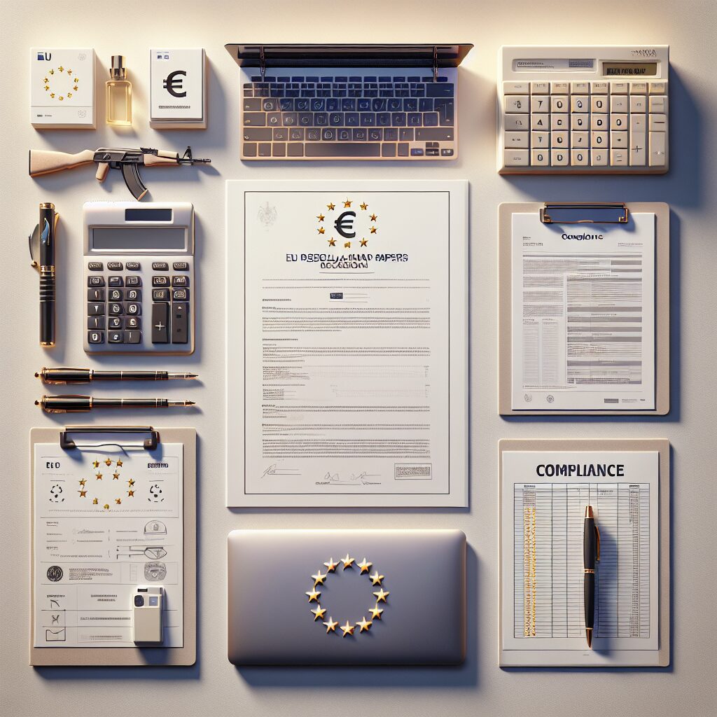 Clean desktop showing documents, calculator with Euro symbol, and checklist, illustrating EU Responsible Person pricing for compliance.