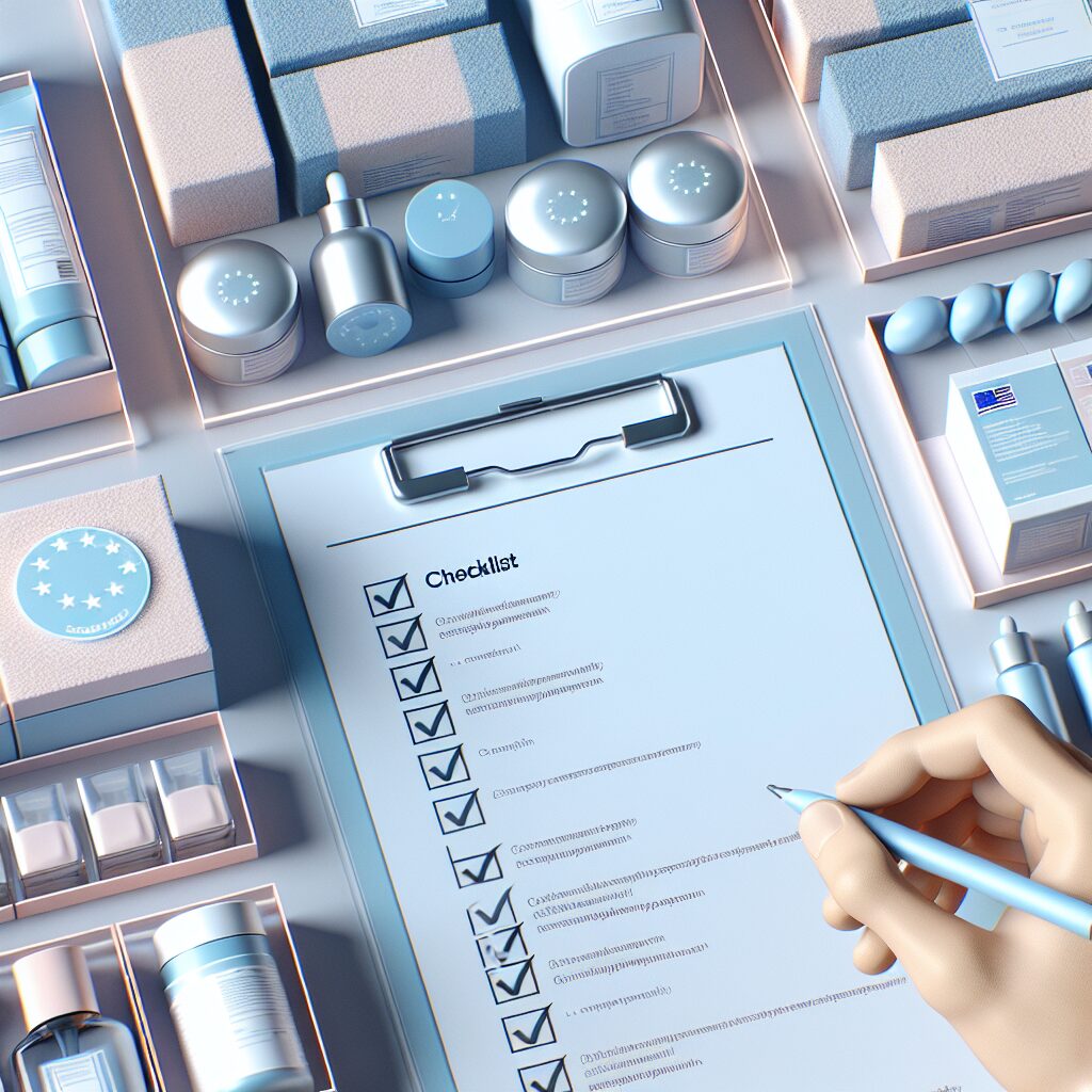 Illustration of a compliance checklist with cosmetics under EU Responsible Person guidelines and EU flag symbols.
